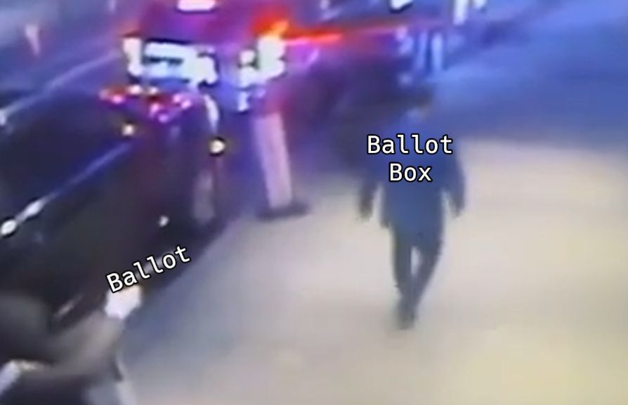 an unidentified person wearing a black hoodie holding something in his hands labelled "Ballot", which is pointed at the back of Brian Thomspon, the late CEO of UnitedHealth, labelled "Ballot Box"