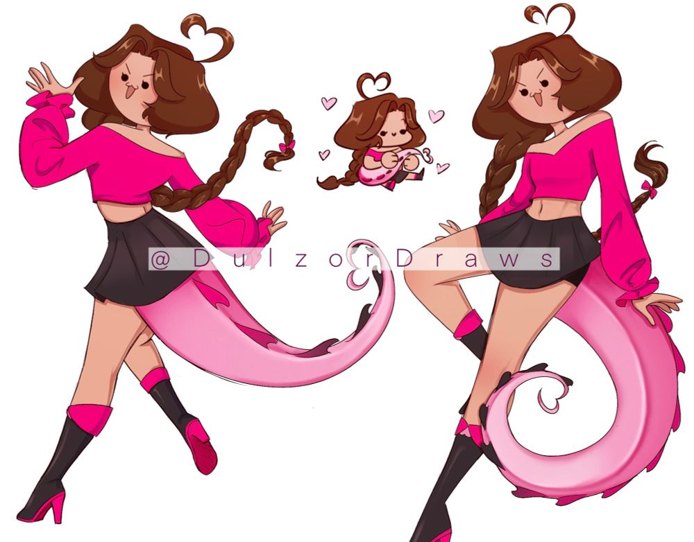 Simple reference sheet of Dulzor Draws. Pink dinosaur Vtuber with long braid, crop top, skirt, and boots