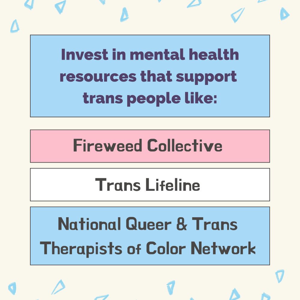 On a beige background decorated with pale blue triangles, boxes in blue, pink, and white, each with black text on them: "Invest in mental health resources that support trans people like: Fireweed Collective. Trans Lifeline. National Queer & Trans Therapists of Color Network"