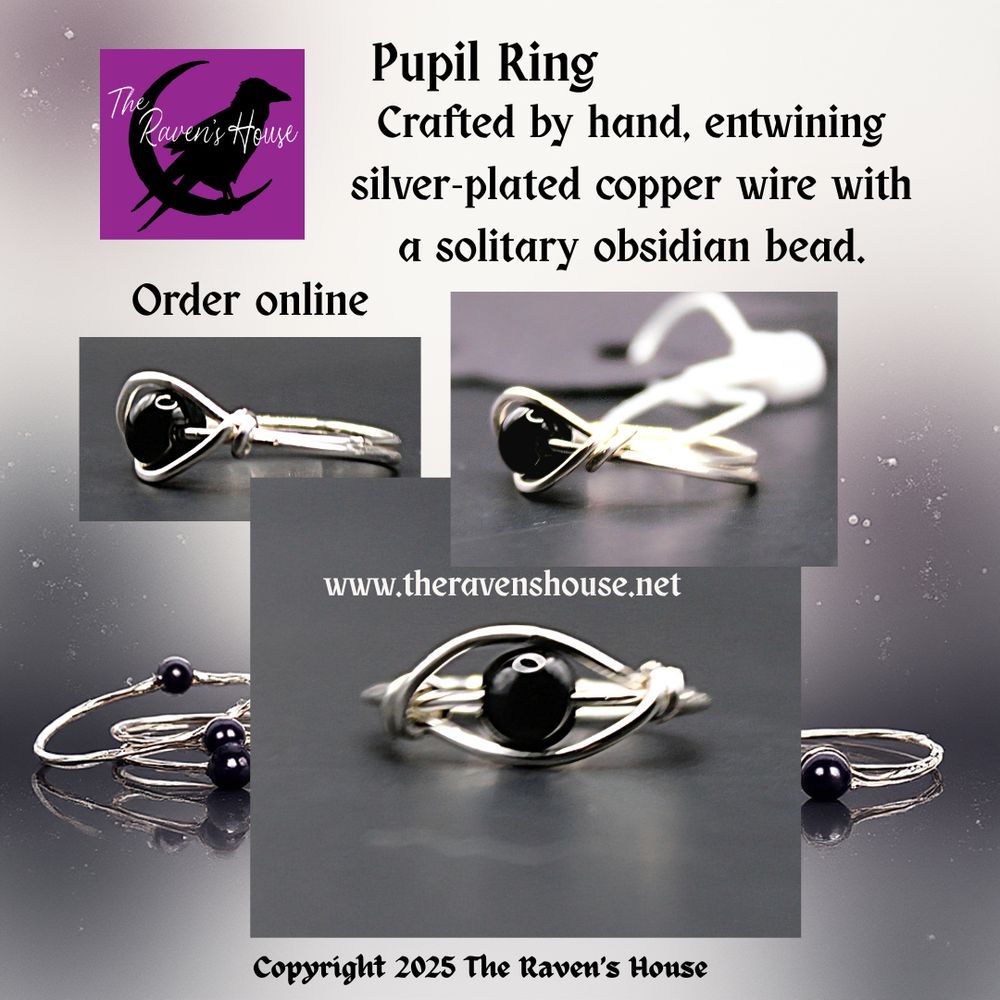 Flyer for a handmade ring from The Raven's House called "Pupil". Three pics of the ring. Top left side view of silver-plated copper wire ring with an obsidian bead in the center. Top Right, same view as Top left. Center image is the frontal view of the same ring the center of the ring appears to be an "eye" shape with the obsidian bead as a "pupil" Order online at www.theravenshouse.net