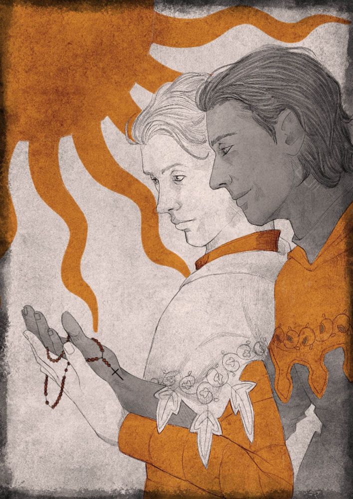 cover art with Henry standing behind Hans and looking over his shoulder. They are holding their hands in front, theres a rosary intertwined with them.