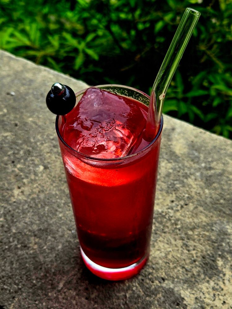 A Shirley Temple cocktail with Italian red bitter soda, lemon and lime juice, and of course, Grenadine in a highball glass with cherry garnish. 
