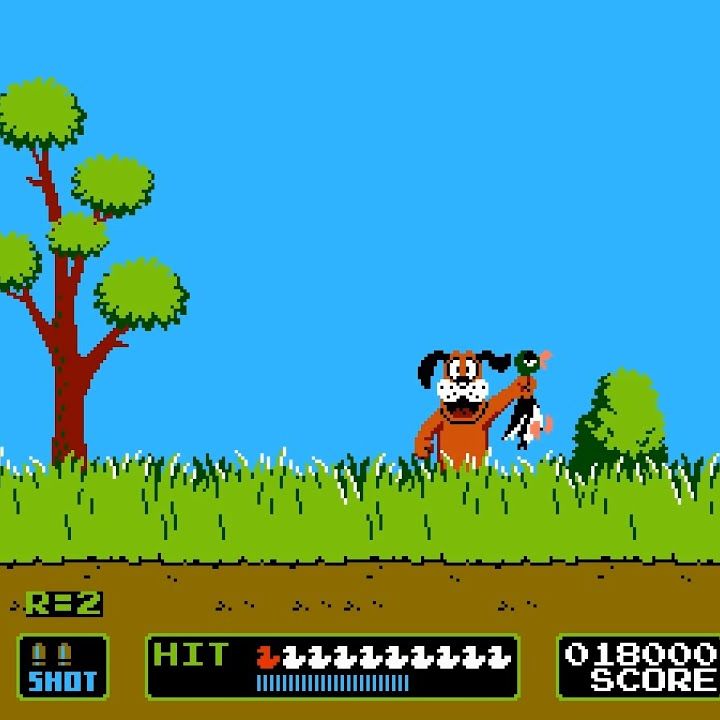 The most annoying dog in the world holds up the corpse of a duck in the 1984 smash hit, Duck Hunt.