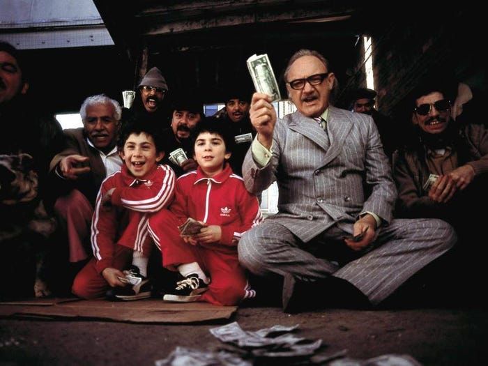 Gene Hackman in The Royal Tennenbaums as Royal, gambling on an underground fight with his onscreen grandsons.