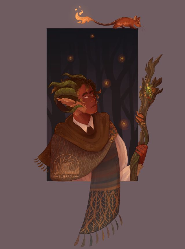 a half body portrait of fire starter, a red tiefling with curly brown hair and four mossy green horns. lichen is growing over his ear and the side of his face. he is holding a wooden staff covered in moss and lichen and is glancing up at a floating ember. a little mouse spirit with a fiery tail walks along the top of the frame, and there are silhouettes of trees in the background.
