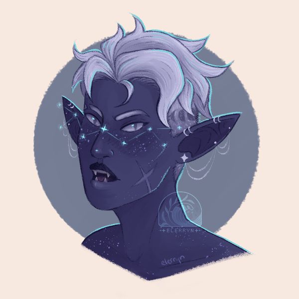 a sketched portrait of quill (she/any), a drow dhampir with dark purple-blue skin and pale freckles, and white hair in a messy undercut with moon phases shaved into the sides. constellations float in front of her eyes, and she is looking intensely towards the viewer with her fangs bared. 
