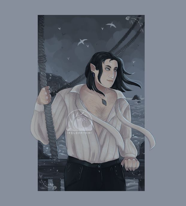 an art fight attack of arren (he/him), an aasimar with pale skin, pointy ears and long dark hair. he is leaning against the railings of a ship and holding onto the rigging in one hand, his hair blowing in the wind. there is a stormy sea in the background behind him, with seabirds circling and sea spray crashing against the side of the ship. two corners have fish bones in them.  

character belongs to @iviienn.bsky.social / iviienn on art fight!