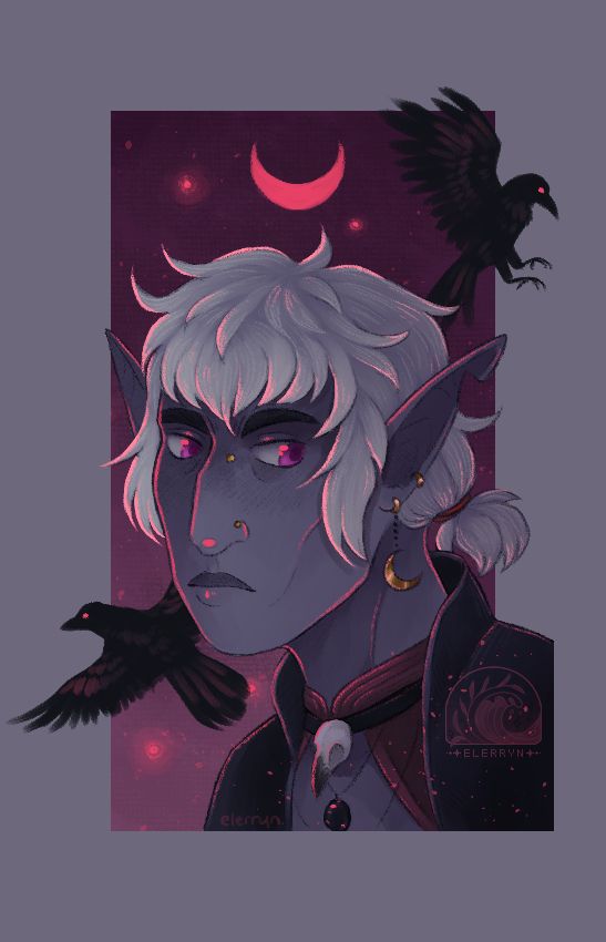a portrait of kismet (he/him), a drow with purple skin, white hair and pink eyes. he has a notch missing from one ear and is wearing golden piercings. he looks away from the viewer with a slight scowl and is lit from one side in red light. a red cresent moon hangs above him and two ravens fly in the background. 