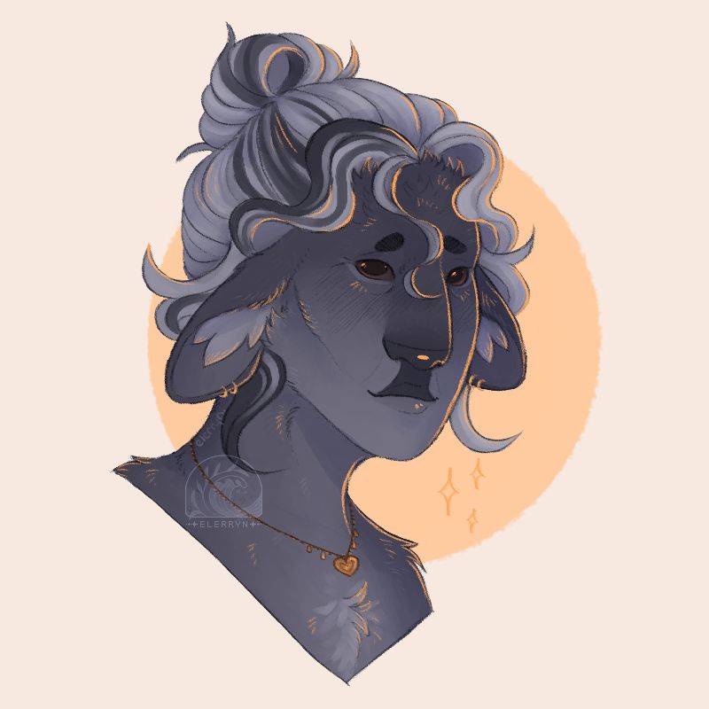 a sketchy portrait of fray (she/her), a dark grey firbolg with brown eyes and white hair with a black streak. she is looking towards the viewer and smiling slightly. the side of her face is lit with yellow highlights. she is wearing a golden, heart shaped locket.