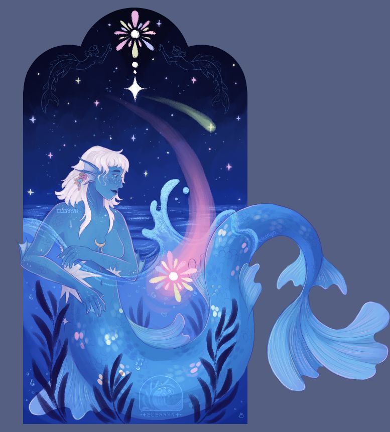 art of talasea (he/they), a blue mermaid with white hair and corals tucked behind his fin-ears. he is swimming in the sea at night, and a colourful star falls into the water beside them with a splash. two constellation mermaids reach for a similar star in the sky. his tail escapes from and curls outside of the frame. seaweed and bubbles fill the water around them.

character belongs to @talasterism.bsky.social / talasterism on art fight!