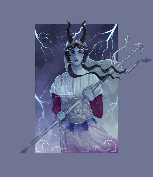art of faustine, a pale blue tiefling woman with long dark hair, and a headdress decorated with a veil and pearls. she is wearing a pale teal and purple dress, and clutching a silver trident in her hands. she is looking fiercely at the viewer as lightning strikes in the background.

character belongs to @toanunnery.bsky.social / toanunnery on art fight!