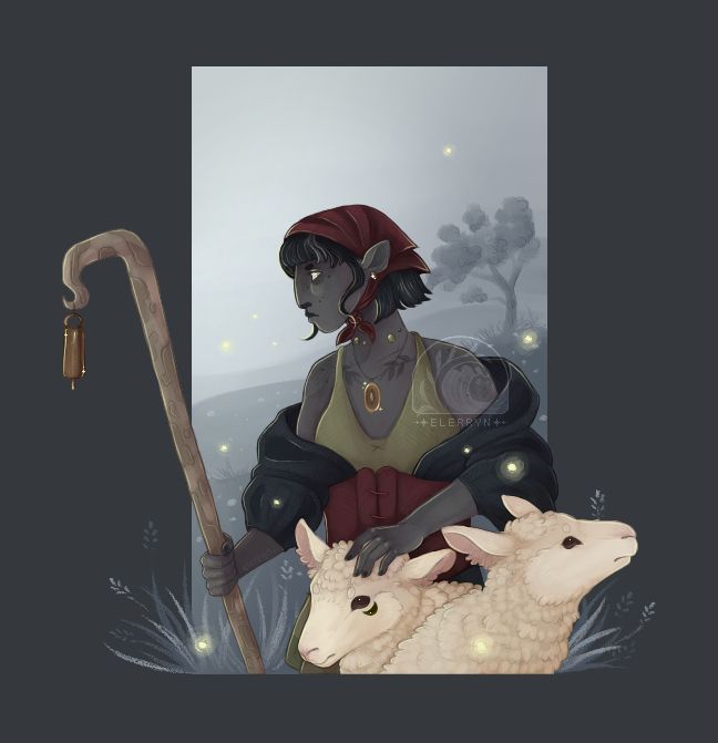 an art fight attack of the shepherd, a woman with grey skin, bright green eyes and short dark hair partially covered by a red headscarf. she holds a crook in one hand, and rests the other on the head of one of two sheep that are standing in front of her. one of the sheep has an extra eye. the background shows misty grey fields with eerie green motes of light.

character belongs to @nettlescribbles.bsky.social / nettlescribbles on art fight!