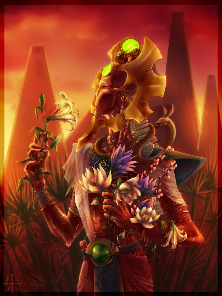 🟥 Coming threat, bloodshed, wrath - a sign of coming Necrontyr doom and existence of Necrons
🟨 Eternity, incorruptibility - symbol of Orikan himself, who has his own plans for a new life
🌸 Lotus: rebirth, immortality, the cycle of life and beauty
🌸 Peach Blossom: blessing in the afterlife
🌸 White Lily: premature death, a life of his own and his kin cut short