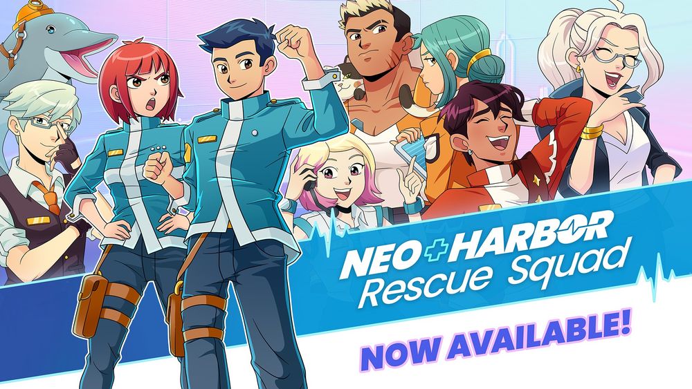 Neo Harbor Rescue Squad: Now available! Image shows a squad of paramedics and their colourful fire department rivals against a pink and blue background.