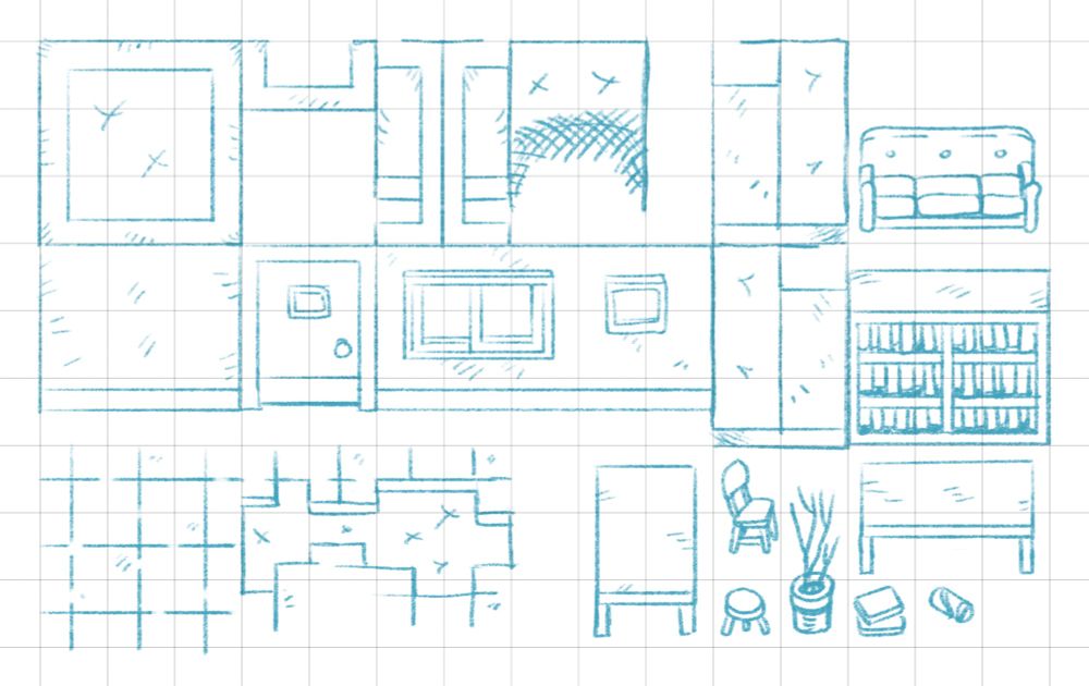 A sketch of videogame tilesets done on a grid.
