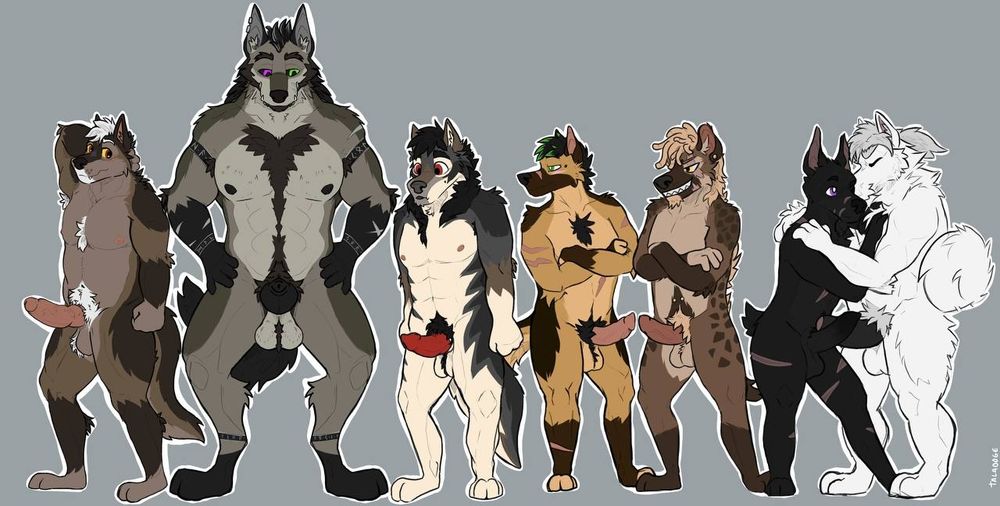 7 anthropomorphic wolf/dog characters next to each other