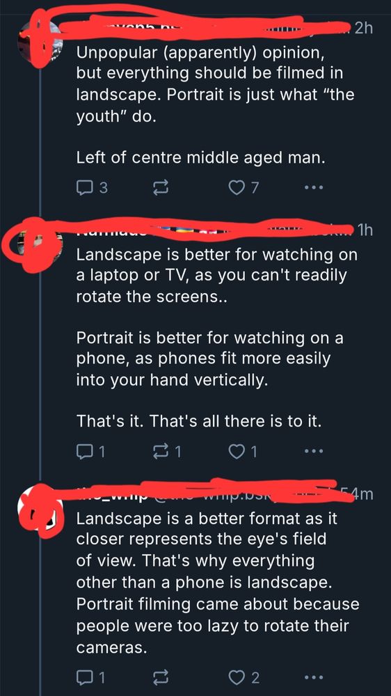 3 people on bluesky gently debating portrait vs. landscape videos 
