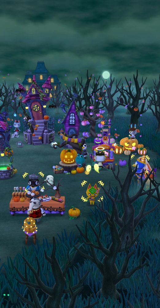 A zoomed out screenshot of the other side of Rhaps' campsite all decorated for Halloween. This angle includes the background haunted house, two closet haunted houses, a buffet table being haunted by a ghost, and a large assortment of pumpkin items. 
