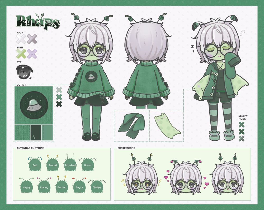 Rhaps' character reference sheet. It features their logo, "Rhaps" in the top-left corner, with details about their hair color, skin color, and outfit below it. Below that is an antennae emotions chart, and to the right of that are three expressions. 

There's a front view of their design just off-center, showing off their fluffy white hair, black antennae with little green bows, round glasses, black eyes, light green skin, comfy green sweater (with ribbons on their right sleeve, and a UFO in a circle in the center), black skirt with ribbons, green pants, and cute black shoes (with green laces and stars). 

Next to that is a back view of the same outfit, then their sleepy mode outfit with loose PJs, an adorable frog plush (Forg the sentient body pillow), striped socks, and frog slippers.