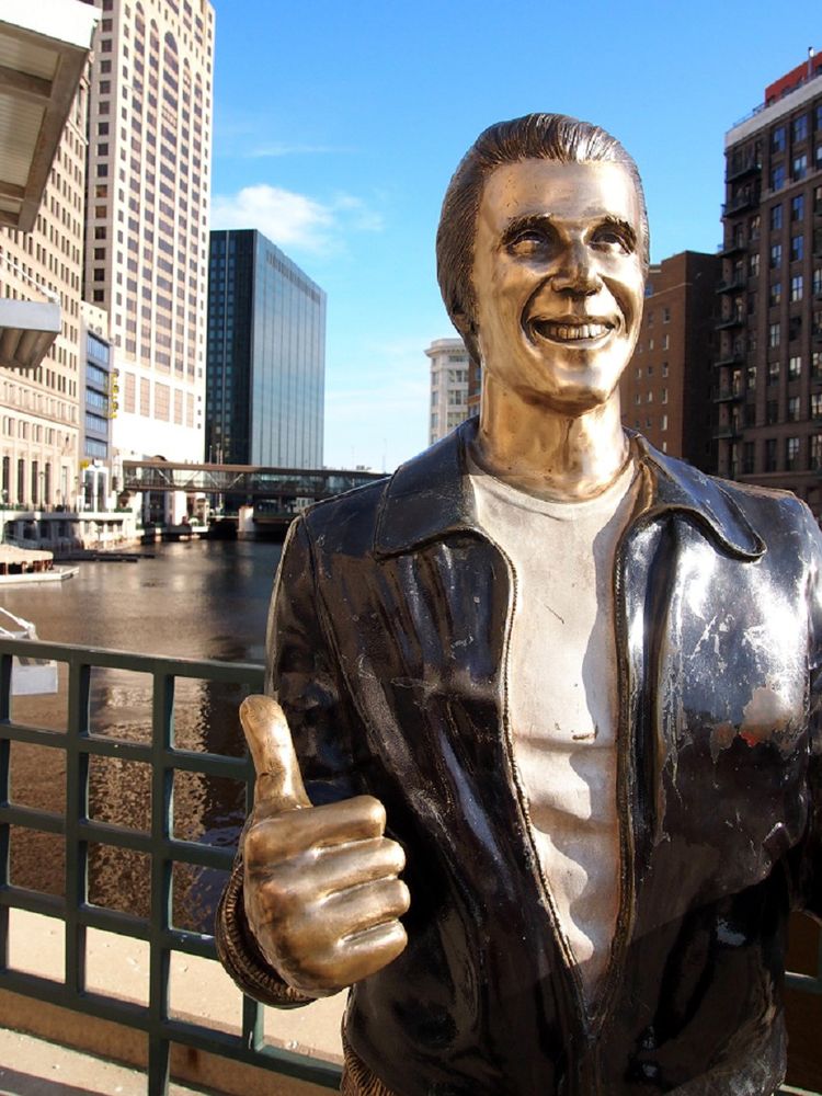 A statue that is supposed to look like Henry Winkler from the old TV show "Happy Days," but very much does not look like Henry Winkler