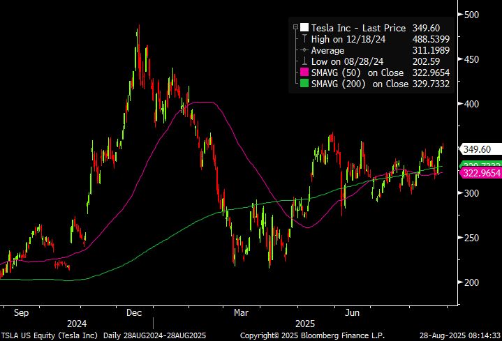 1y OHLC share price chart of TSLA