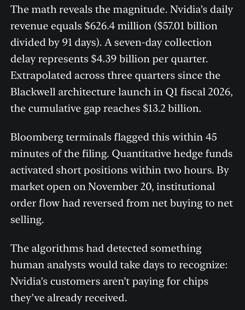 The math reveals the magnitude. Nvidia's daily revenue equals $626.4 million ($57.01 billion divided by 91 days). A seven-day collection delay represents $4.39 billion per quarter.
Extrapolated across three quarters since the Blackwell architecture launch in Q1 fiscal 2026, the cumulative gap reaches $13.2 billion.
Bloomberg terminals flagged this within 45 minutes of the filing. Quantitative hedge funds activated short positions within two hours. By market open on November 20, institutional order flow had reversed from net buying to net selling.
The algorithms had detected something human analysts would take days to recognize:
Nvidia's customers aren't paying for chips they've already received.