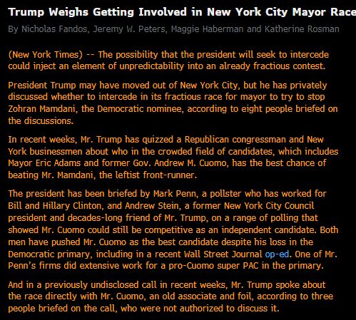 Trump Weighs Getting Involved in New York City Mayor Race
By Nicholas Fandos, Jeremy W. Peters, Maggie Haberman and Katherine Rosman
(New York Times) -- The possibility that the president will seek to intercede could inject an element of unpredictability into an already fractious contest.
President Trump may have moved out of New York City, but he has privately discussed whether to intercede in its fractious race for mayor to try to stop Zohran Mamdani, the Democratic nominee, according to eight people briefed on the discussions.
In recent weeks, Mr. Trump has quizzed a Republican congressman and New York businessmen about who in the crowded field of candidates, which includes Mayor Eric Adams and former Gov. Andrew M. Cuomo, has the best chance of beating Mr. Mamdani, the leftist front-runner.
The president has been briefed by Mark Penn, a pollster who has worked for Bill and Hillary Clinton, and Andrew Stein, a former New York City Council president and decades-long friend of Mr. Trump, on a range of polling that showed Mr. Cuomo could still be competitive as an independent candidate. Both men have pushed Mr. Cuomo as the best candidate despite his loss in the Democratic primary, including in a recent Wall Street Journal op-ed. One of Mr. Penn’s firms did extensive work for a pro-Cuomo super PAC in the primary.
And in a previously undisclosed call in recent weeks, Mr. Trump spoke about the race directly with Mr. Cuomo, an old associate and foil, according to three people briefed on the call, who were not authorized to discuss it.