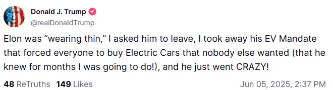 
Donald J. Trump

@realDonaldTrump

Elon was “wearing thin,” I asked him to leave, I took away his EV Mandate that forced everyone to buy Electric Cars that nobody else wanted (that he knew for months I was going to do!), and he just went CRAZY!



48

ReTruths

149

Likes
Jun 05, 2025, 2:37 PM
