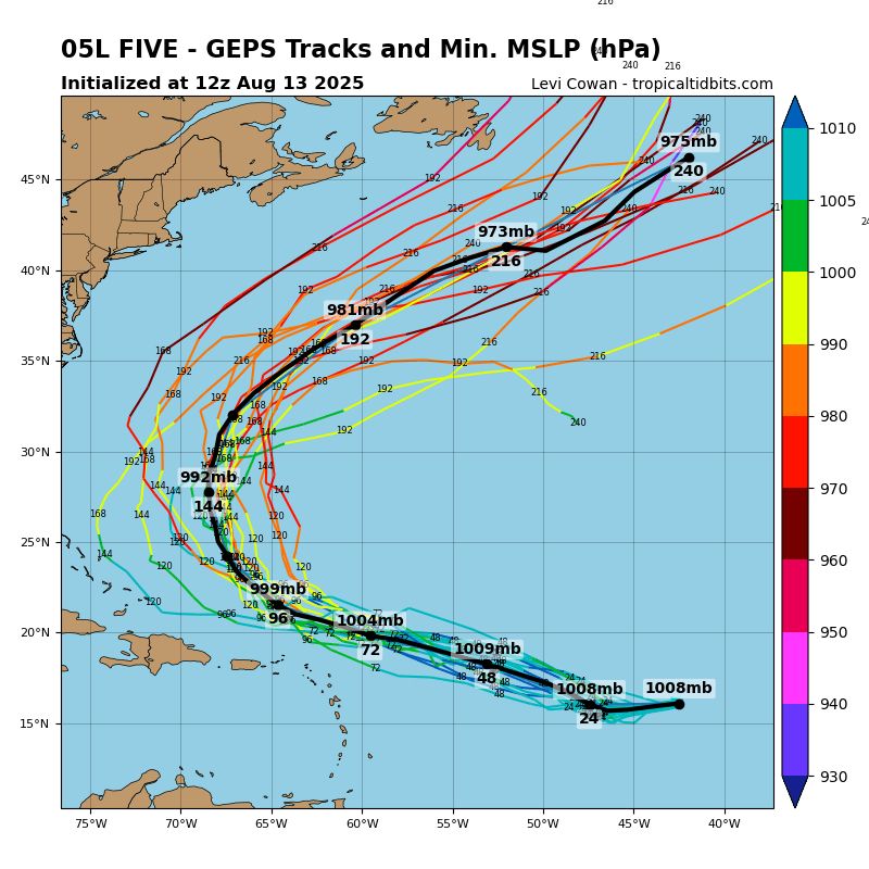 Storm tracks for Tropical Storm Erin, which is forecasted to stay well north of Puerto Rico before turning from a westerly track to due north, running parallel to the Atlantic Coast before eventually heading East-North-East south of Newfoundland