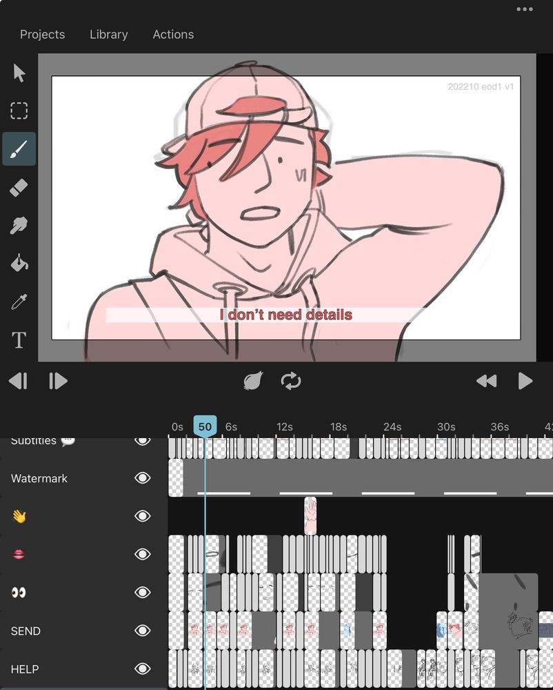Screenshot from the Toon Squid app showing an animation timeline. Vi is in the frame scratching her neck, wearing a hoodie and a backwards ball cap. 