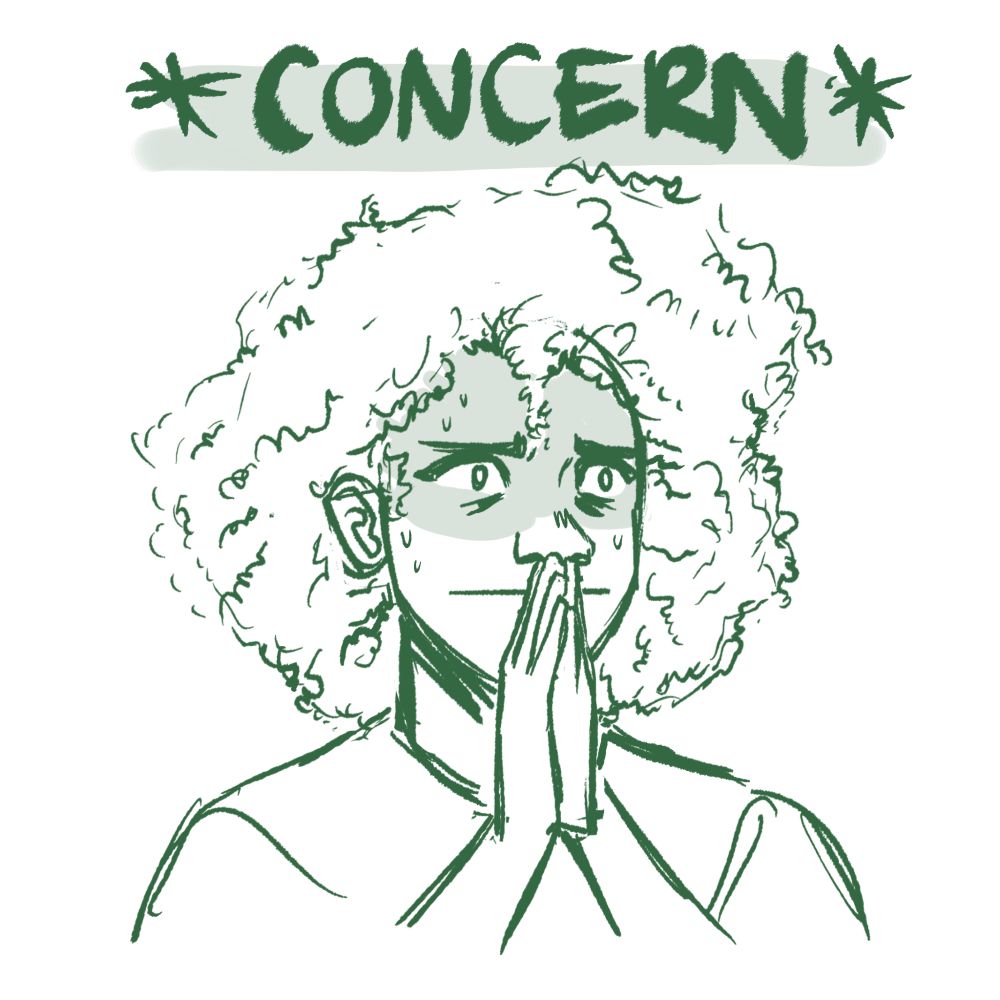 A green and white bust sketch of Celia. Celia has her hair in an Afro. She wears a white shirt. She steeples her hands in front of her face. Her eyes are wide open and worried. Above her, there is green text written between green asterisks. The text is all in capital letters and reads, "Concern"