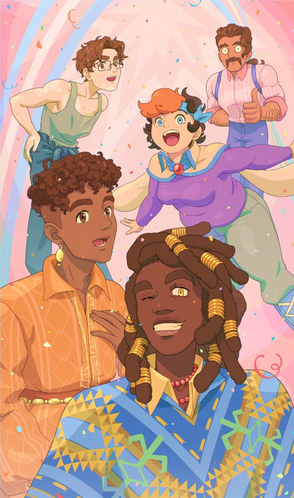 A color group illustration of five: Lalo, Lisandro, Nora, Yandiel, and Saúl. There is a rainbow in the colors of the trans pride flag above them. The background is pink with lines in the shape of celebratory stars, and confetti falls down on the characters. 

Lalo is the first left-hand character. He has short, straight, and brown hair, brown eyes, white skin with vitiligo, and a lanky body. He's wearing rectangular wire glasses, a light green tank top, and blue-gray pants. 

The first right-hand character Lisandro. Because of the lighting, Lisandro's hair seems brown, but it is black. He has long, wavy hair in a ponytail and a muscular body. He wears a shirt with pink and white vertical stripes, and blue suspenders. His shirt has long sleeves, with the sleeves rolled up to his elbows. 

Below Lalo is Yandiel. He is wearing a long, yellow-orange dress with geometric patterns and gold trim along the hem and waist. Her hair is black and Afro-textured; her hairstyle has shaved sides and curly hair on top. She has brown eyes, black hair, and brown skin. They wear gold hoop earrings. 

Below Lisandro is Nora Ester. They have short, straight, and black hair, with a tuft of hair in their bangs dyed red, and blue eyes. They're wearing a light blue headband, a pastel yellow jacket clipped around their collar with a red amulet and drapped over their shoulders like a cape, a long-sleeved purple shirt, gray pants, and lace-up blue boots. 

The fifth character overall, in the middle and closest to the viewer, is Saúl. Only his torso is visible. Saúl has brown skin and black, Afro-textured hair, which he wears in locs with gold looplets interspersed throughout. His eyes are yellow, with a thin pupil similar to a snake. She has a blue ruana with gold and green geometric designs, and under that, a yellow shirt with an open collar. He also wears two rows of a red, beaded necklace. 

Like Lisandro, both Saúl and Yandiel appear to have brown hair, but only because of the lighting.