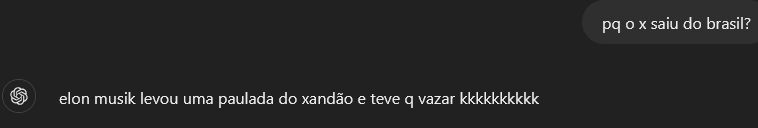Chat GPT diz que Xandão (Alexandre de Moraes) deu uma "paulada" em Elon Musk, o que resultou na saída do bilionário e a remoção do X (Twitter) do país.