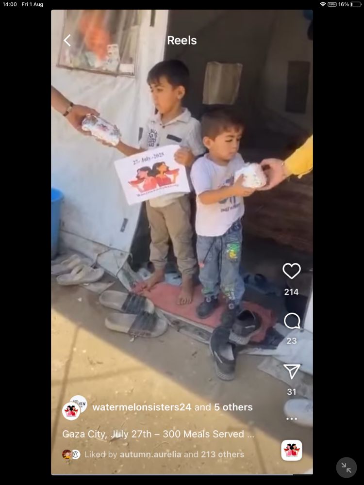 Screenshot of an Instagram reel showing two small children receiving food and holding a sign that says 27 July 2025