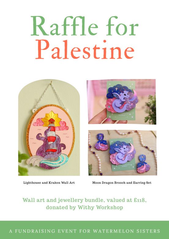 A picture that says ‘fundraiser for Gaza’ and shows wall art of a lighthouse and a brooch of a dragon