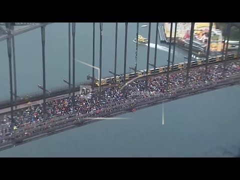 Thousands march across Sydney Harbour Bridge in support for Palestinians in Gaza