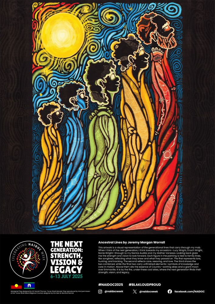 National Aboriginal and Islander Day Observance Committee (NAIDOC) poster, 'Ancestral Lines' by Jeremy Morgan Worrali, featuring image indicating 5 generations in bright red, yellow, green, blue + orange with sun in the background.