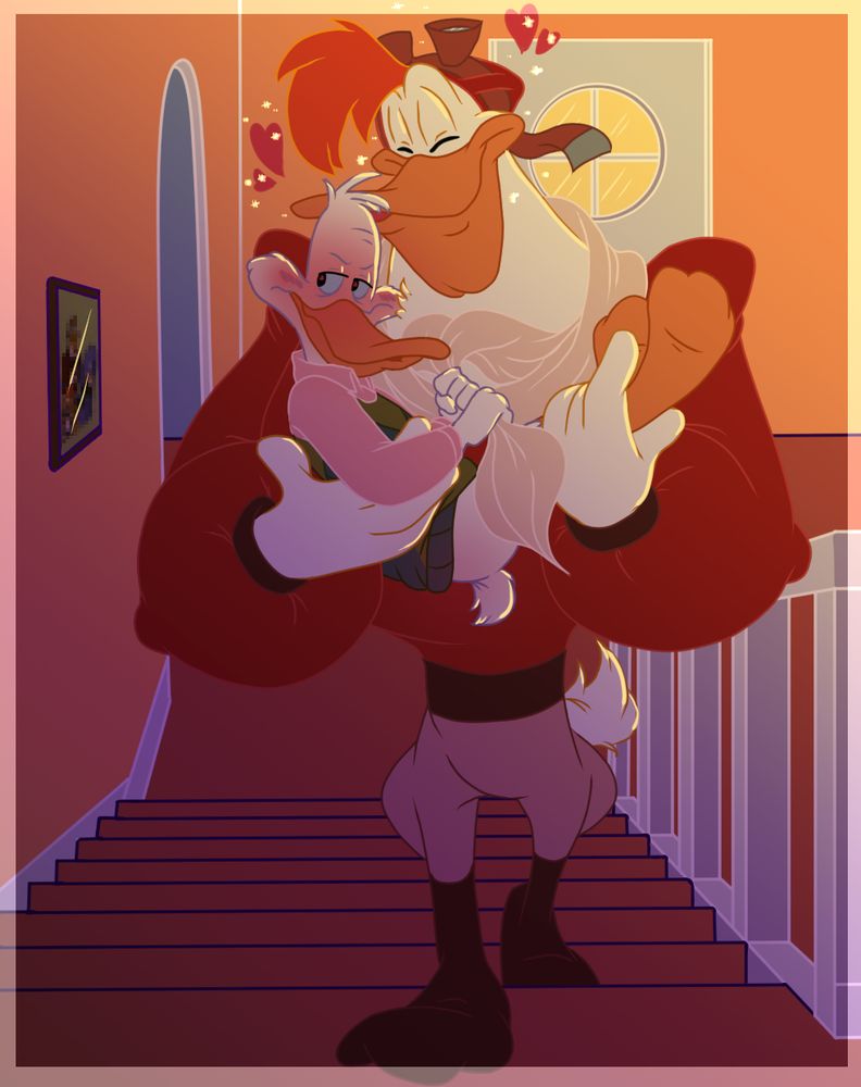 Launchpad carries a blushing Drake up the stairs, kissing his forehead and smiling.  Drake grips LP's scarf and looks away, with hearts in his eyes.  The shading in the picture shows LP with more lighting and Drake is more in the shadows to reflect the idea of LP being the sun and Drake as the moon.  