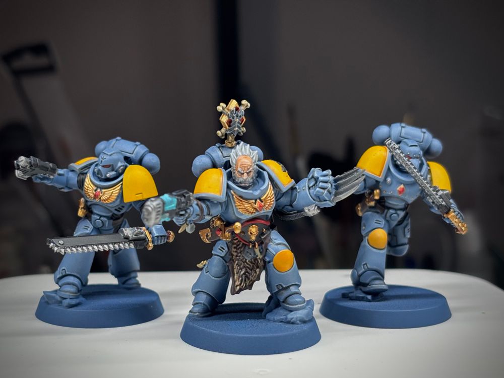 3 Space wolf minis in blue grey with a dark background behind them. 