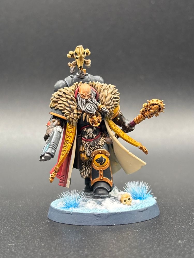 Space Wolf Priest with gun and bonk staff on black background.