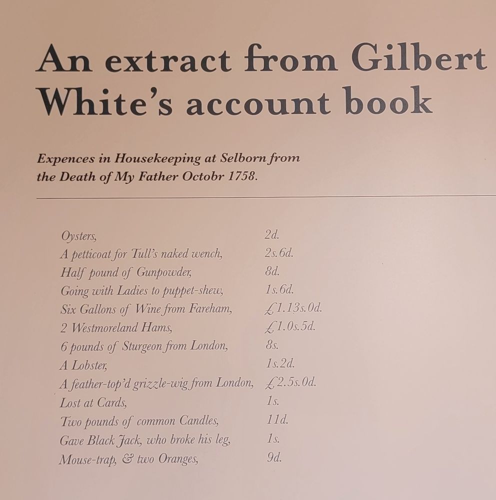 Extract of Gilbert White's account book detailing varied expenses. Wig most expensive. £2 and 5shillings must have been a fortune in 1758
