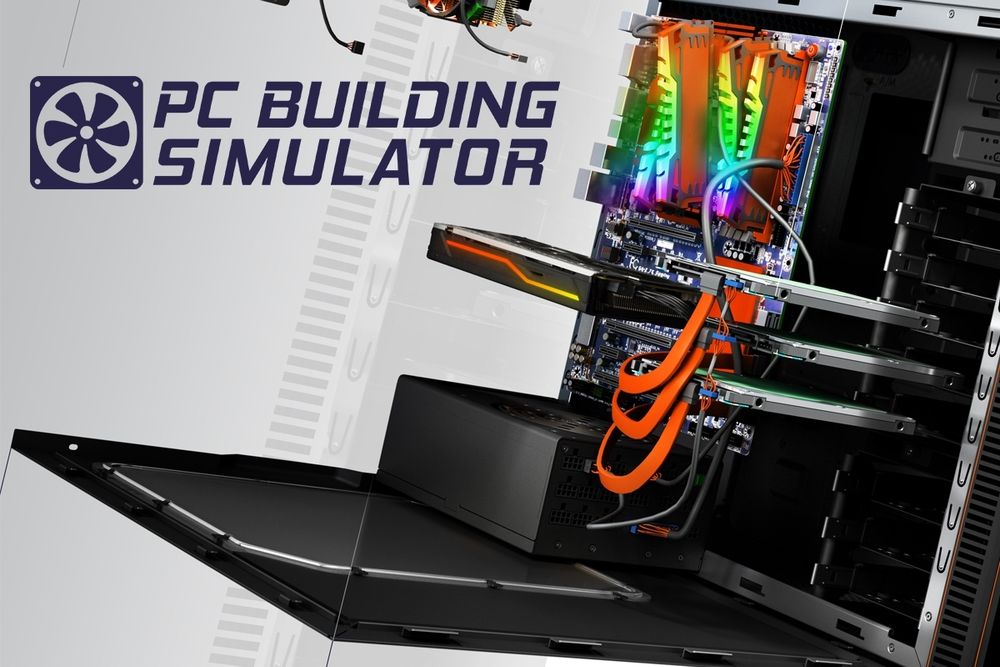 Box art for the game pc building simulator. Features a white background and a open pc case showing high end parts and RGB lighting 