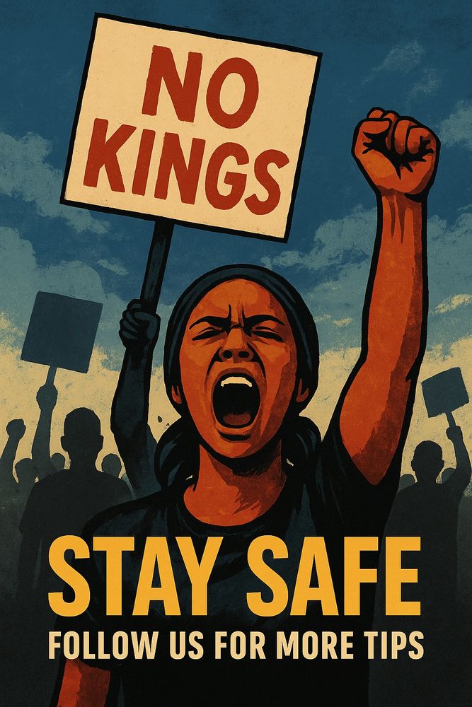 A powerful protest poster in vintage style featuring a young woman of color in the foreground, mouth open in a fierce yell, one fist raised in the air. Behind her, a crowd of silhouetted protesters holds signs. One sign above her head reads “NO KINGS” in bold red letters. The background shows a dramatic blue sky with clouds. At the bottom of the poster, large yellow text reads “STAY SAFE,” with smaller beige text below: “FOLLOW US FOR MORE TIPS.” The design conveys urgency, defiance, and unity.


