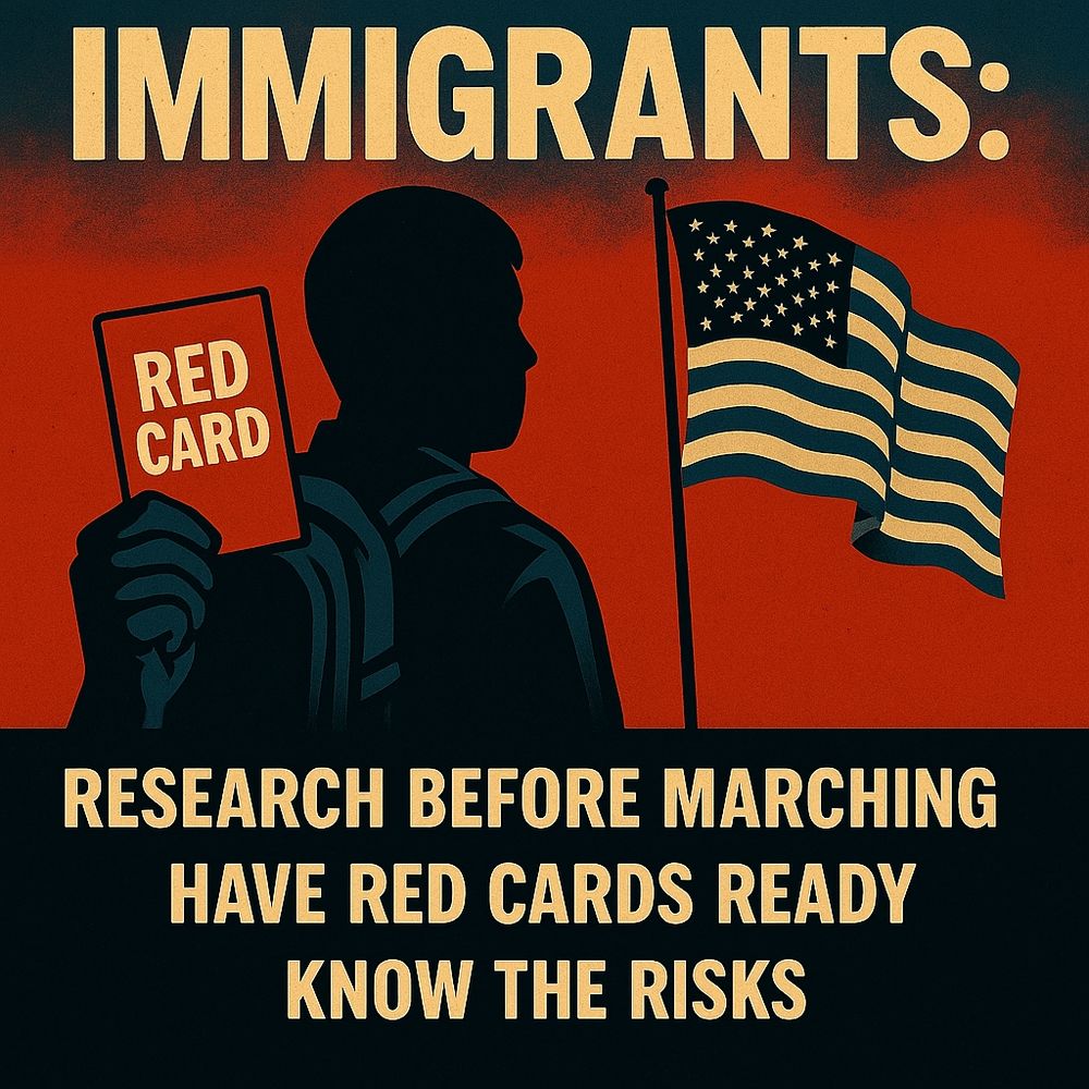 A bold, graphic protest poster in red, black, and beige. The top reads “IMMIGRANTS:” in large text. The central figure is a silhouetted person holding a visible red card labeled “RED CARD,” standing beside a waving U.S. flag. Below, the text says:
“RESEARCH BEFORE MARCHING
HAVE RED CARDS READY
KNOW THE RISKS”

This image promotes immigrant safety during protests and references legal self-protection tools like the red card. Download yours at ilrc.org/red-cards.


