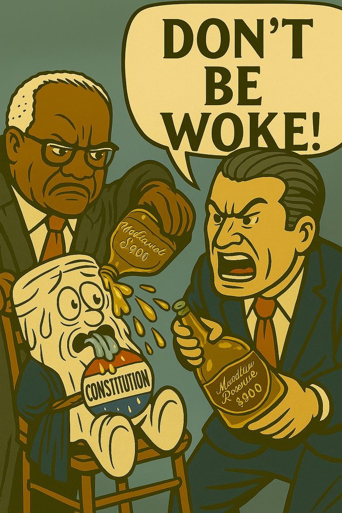 A satirical political cartoon in a vintage Schoolhouse Rock–style features an anthropomorphized U.S. Constitution tied to a wooden chair, labeled “CONSTITUTION.” The character has a distressed expression, tongue hanging out, and is being waterboarded with golden liquid from two labeled bottles of expensive scotch, one marked “Most Excessive $900” and the other “Moralism Reserve $900.” Supreme Court Justice Clarence Thomas, in a black robe, is pouring from one bottle with a stern expression. Pete Hegseth, in a blue suit and red tie, angrily pours from the other bottle while yelling "DON'T BE WOKE!" in a bold comic-style speech bubble above. The scene mocks right-wing authoritarianism and the assault on constitutional rights under the guise of anti-wokeness.

