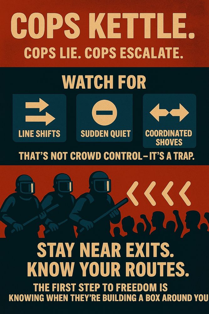 Alt Text:
A bold, vintage-style infographic poster in red, navy, and beige warning about police kettling tactics during protests. The top reads: “COPS KETTLE. COPS LIE. COPS ESCALATE.” Below that, three illustrated icons highlight danger signs: “LINE SHIFTS” (two arrows), “SUDDEN QUIET” (a muted symbol), and “COORDINATED SHOVES” (opposing arrows). Underneath, bold text warns: “THAT’S NOT CROWD CONTROL—IT’S A TRAP.” At the bottom, riot police silhouettes with batons face a crowd, with text: “STAY NEAR EXITS. KNOW YOUR ROUTES. THE FIRST STEP TO FREEDOM IS KNOWING WHEN THEY’RE BUILDING A BOX AROUND YOU.”