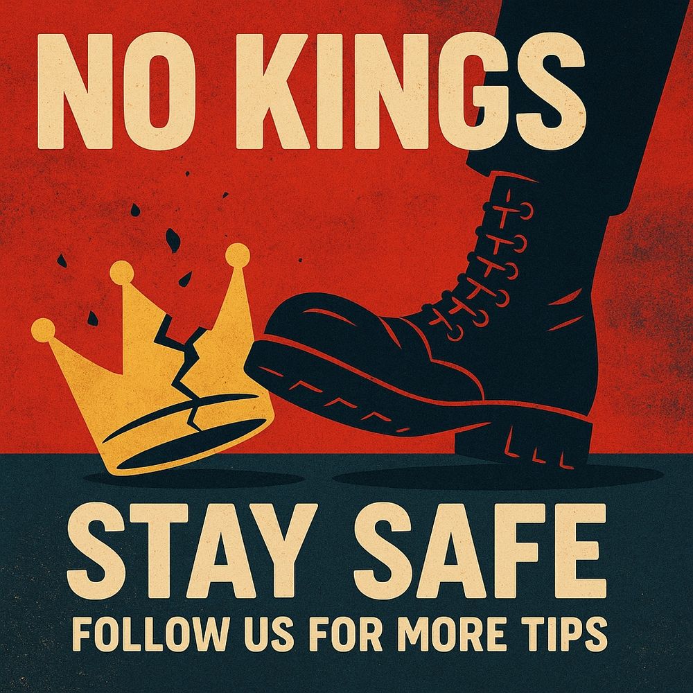 Alt Text:
A bold graphic protest poster features a cracked golden crown being stomped by a black combat boot against a red and dark blue background. At the top, large cream-colored text reads "NO KINGS." Below the image, it says "STAY SAFE" in large font and "FOLLOW US FOR MORE TIPS" underneath in smaller letters. The design evokes defiance, urgency, and solidarity.