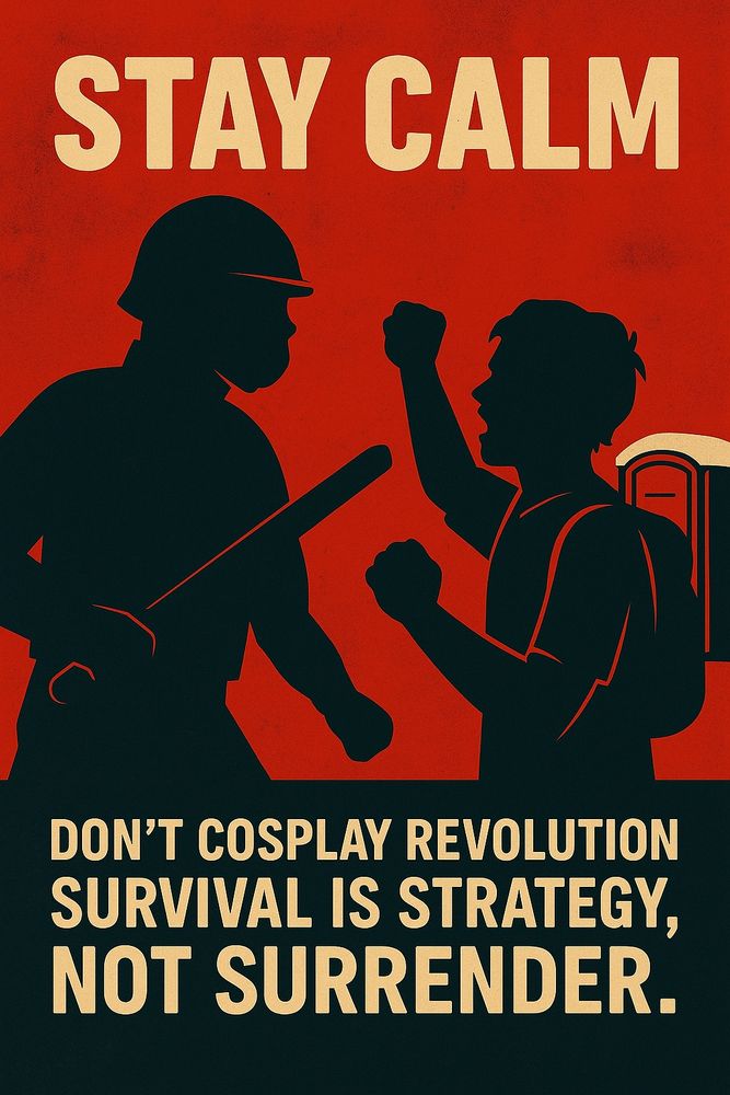 A bold, vintage-style protest poster split into red and dark teal sections. At the top, large cream-colored text reads “STAY CALM.” Below, a silhouette of a soldier in a helmet with a baton faces off against a protester with a backpack and raised fists. In the background, a portable toilet is visible, subtly nodding to the phrase "bleeding in a zip tie." At the bottom, cream and red text reads: “DON’T COSPLAY REVOLUTION. SURVIVAL IS STRATEGY, NOT SURRENDER.” The tone is serious, urging restraint and tactical thinking.

