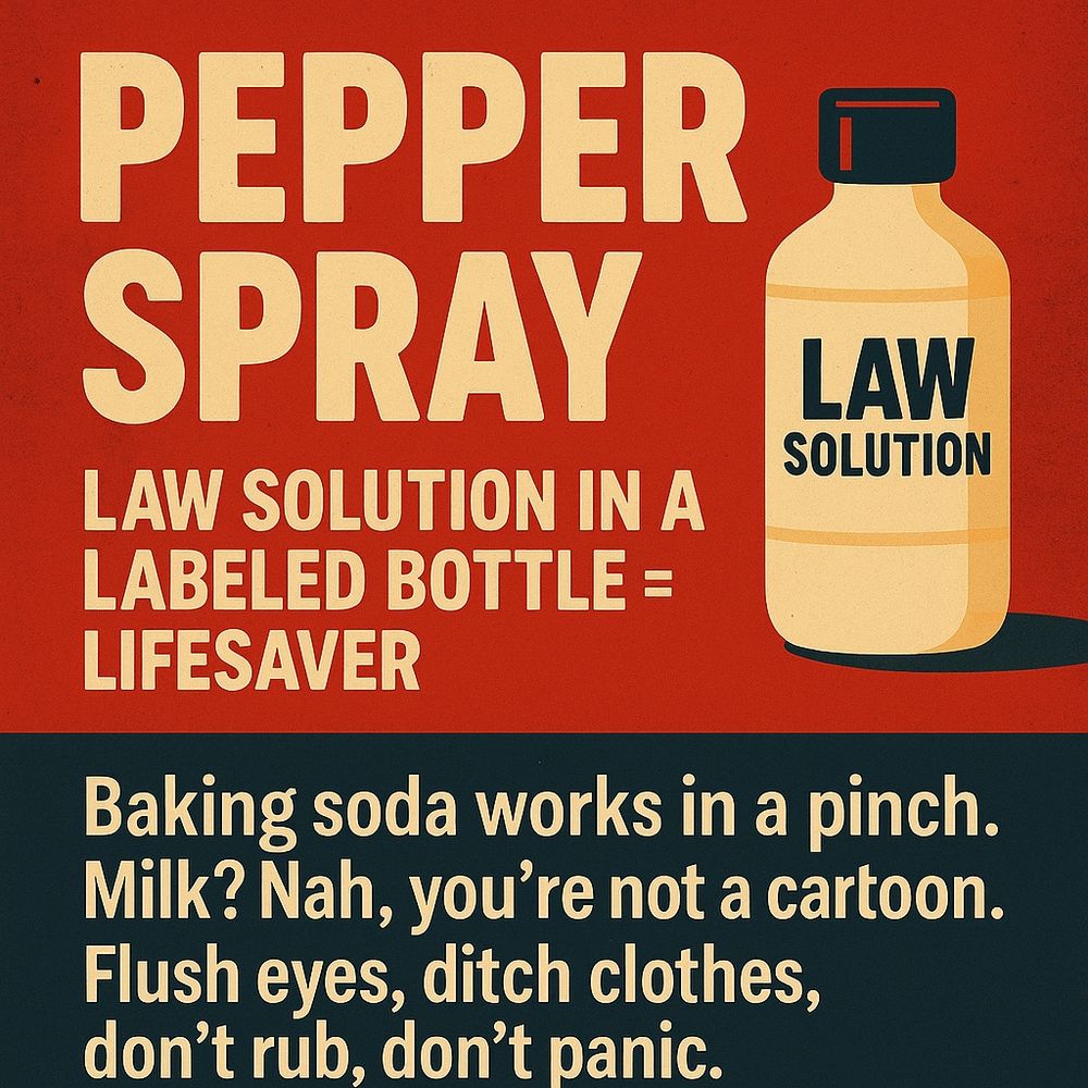 A bold, two-tone protest safety poster in red and dark blue. On the left, large cream-colored text reads “PEPPER SPRAY” with a subheading: “LAW SOLUTION IN A LABELED BOTTLE = LIFESAVER.” On the right is a simple illustration of a beige bottle labeled “LAW SOLUTION.” At the bottom, in smaller cream text against a dark blue background, it reads: “Baking soda works in a pinch. Milk? Nah, you’re not a cartoon. Flush eyes, ditch clothes, don’t rub, don’t panic.” The design is clean, high-contrast, and focused on protest safety.

