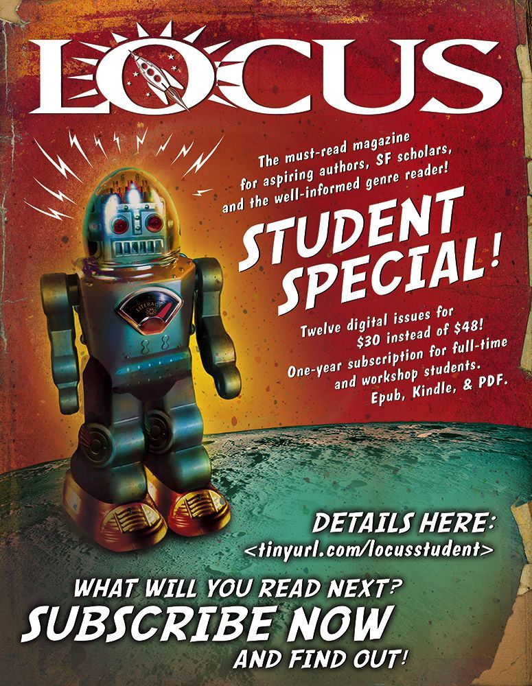 ad for locus student discount~ featuring a little robot and the locus logo. 